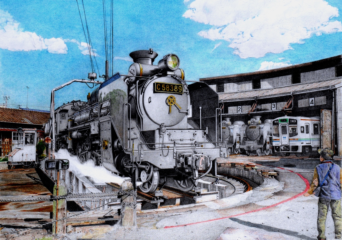 終着駅（鉛筆画「天浜線天竜二俣駅転車台・扇形車庫とC58」経過報告-3