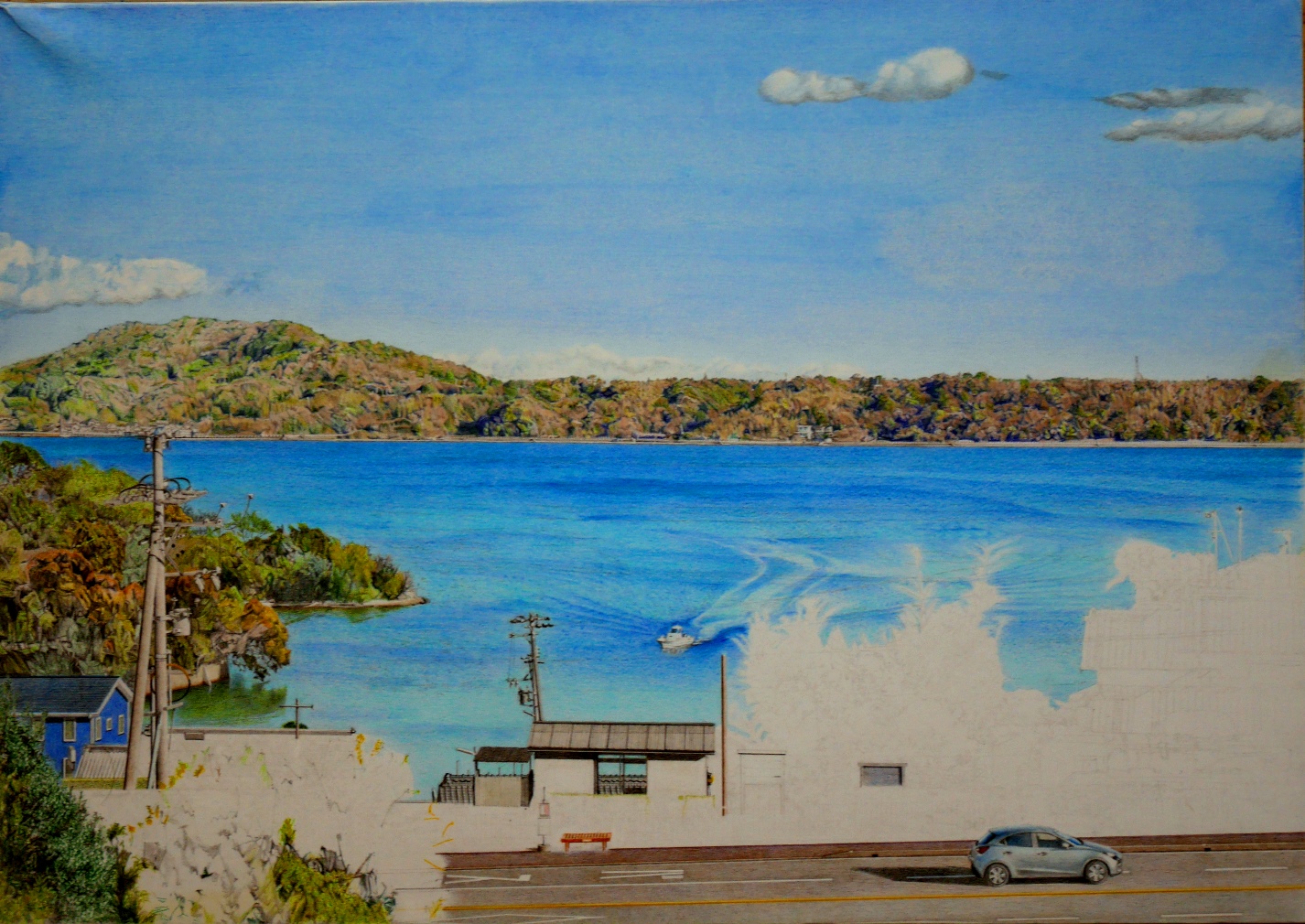 バスストップ（鉛筆画「湖畔の天浜線寸座駅とC58」経過報告-3） : SL