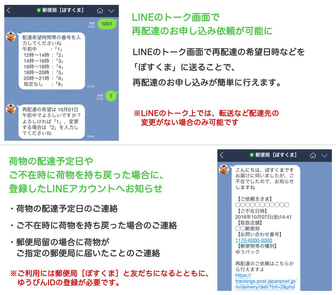 日本郵便 コミュニケーションアプリ Line との連携機能 My通知 を10月1日より拡大 ゆうパックなどの郵便物の再配達依頼や配達予定日 不在通知がトークで可能に S Max