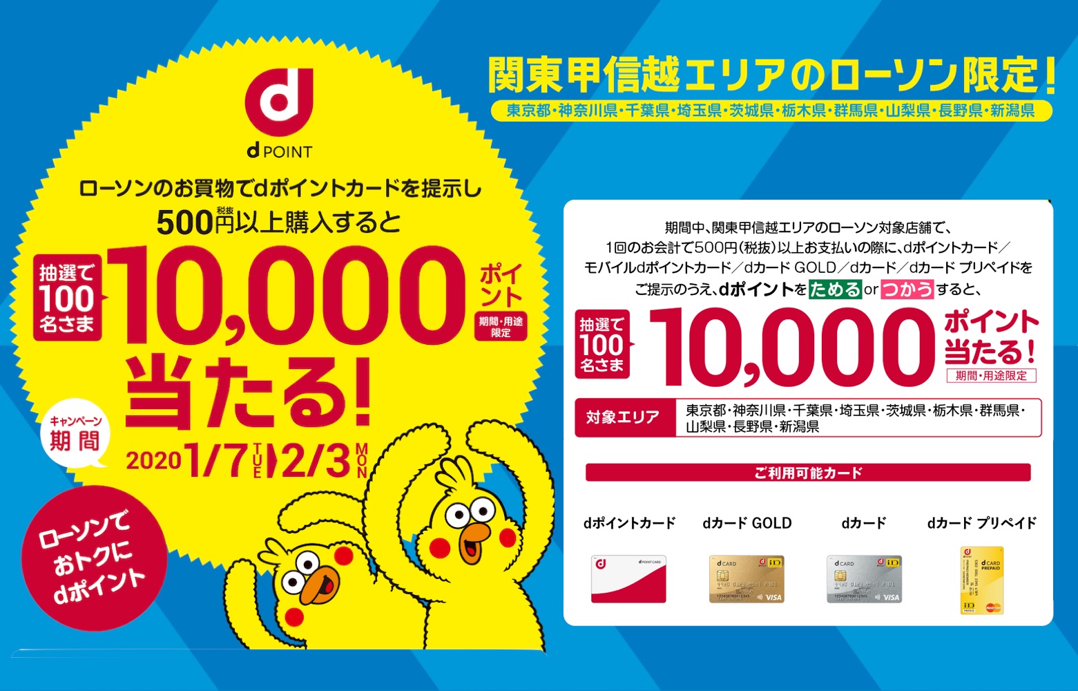 関東甲信越のローソンで500円以上の買い物の際にdポイントカードを提示すると抽選で100人に1万dポイントが当たるキャンペーンが2月3日まで