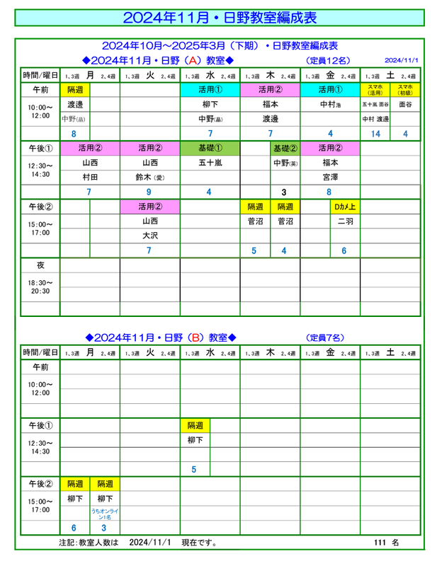 2411月編成表