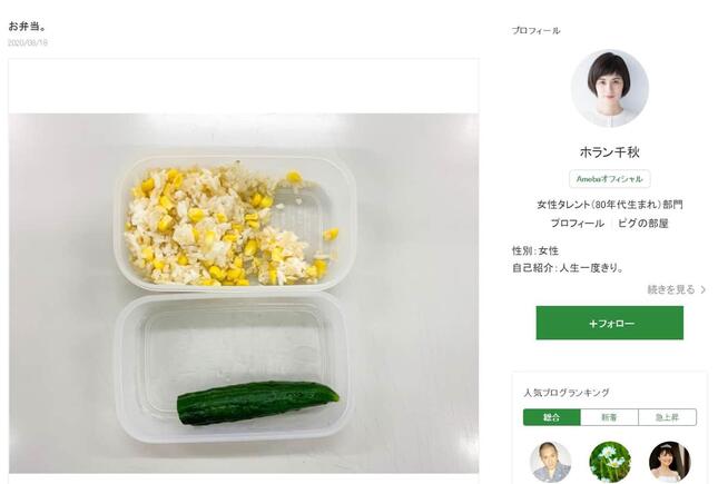 【ネタ】ホラン千秋、マネジャーさんのお昼ご飯に感心？映えない画像を公開