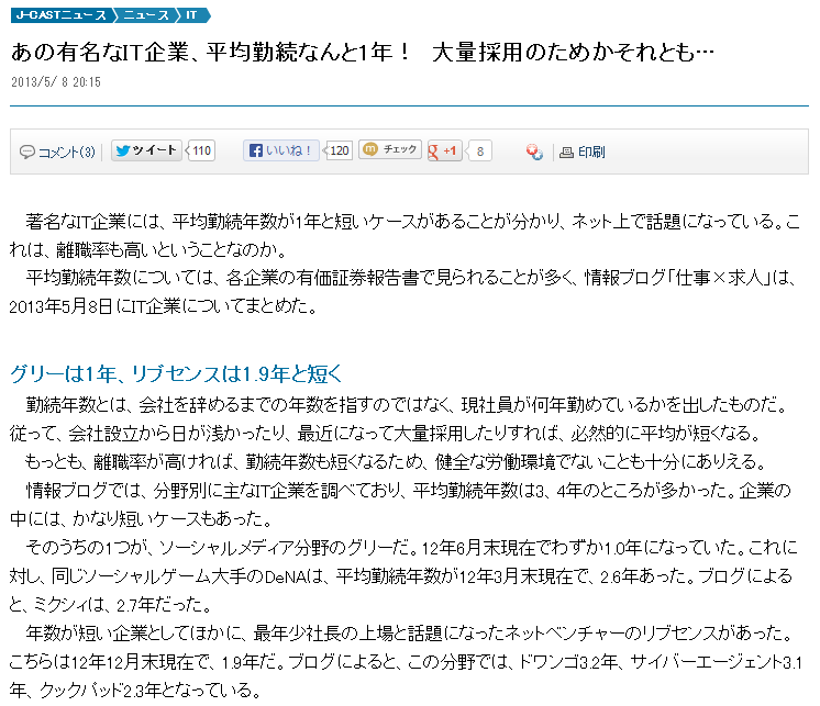 グリー1年、リブセンス1.9年、DeNA2.6年　著名なIT企業の平均勤続年数