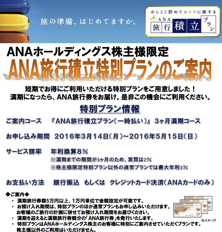 株主優待侍 : ANA株主向け旅行積み立てプランは年利換算8%!