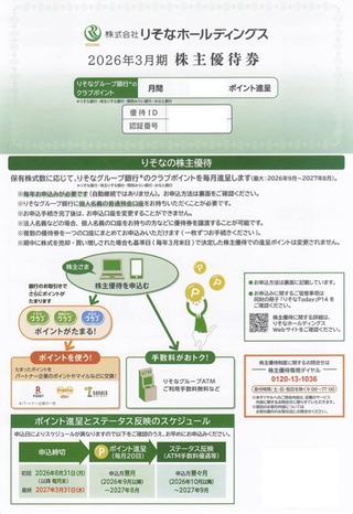 りそなHD：自社ポイント 2026年3月権利(8308)・各種ポイントに交換可能なクラブポイントが毎月もらえる