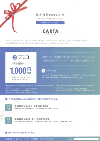 CARTA：デジタルギフト1,000円 2020年6月権利(3688)・Amazonギフト券