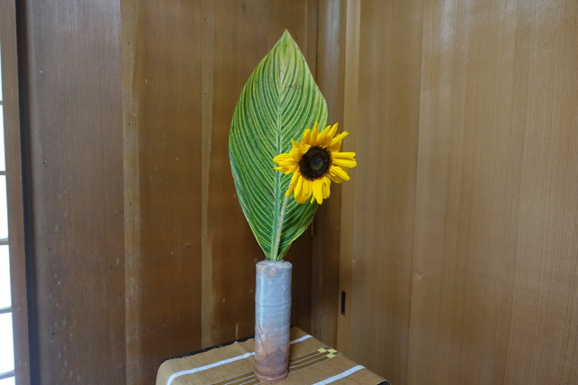 生け花　ヒマワリと大きい葉っぱ