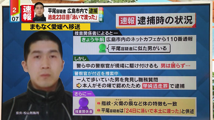 平尾受刑者の逃走理由「刑務所での人間関係が嫌になった」海を泳いで渡り電車で広島に