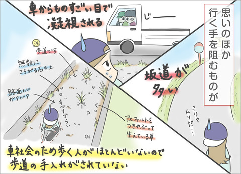 しかし、坂道が多かったり、たまに通る車からものすごい目で凝視されたり、路面が荒れ放題だったりと、思いの外行く手を阻むものが