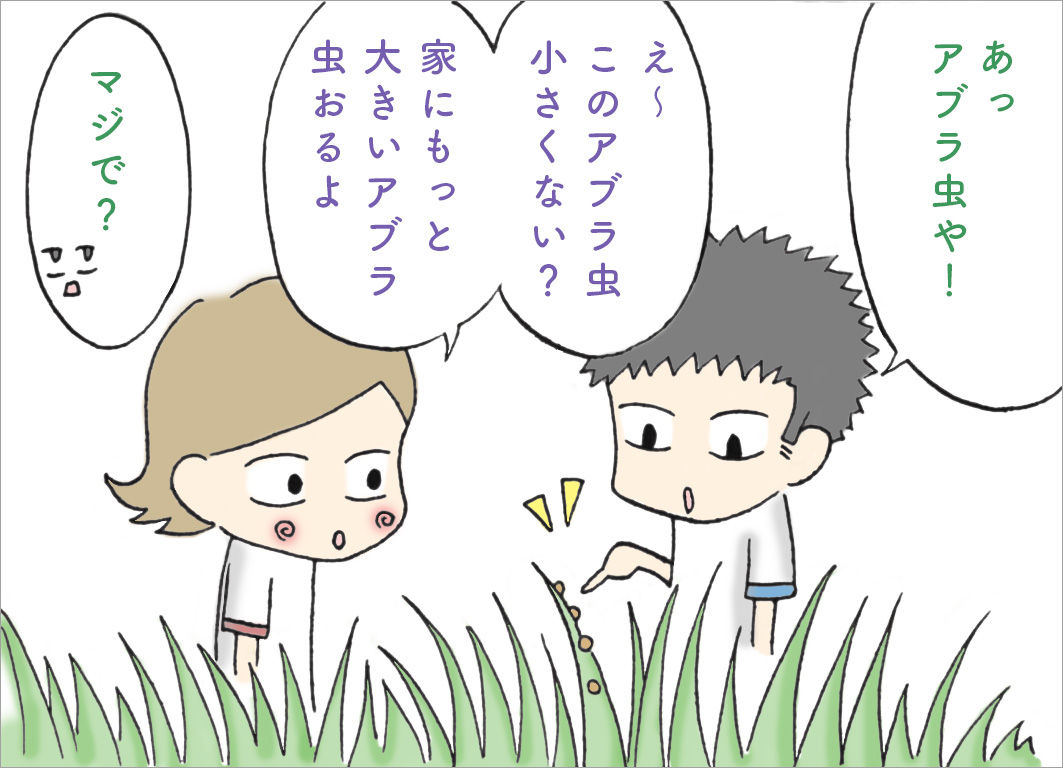 「あ!アブラ虫や!」「え〜このアブラ虫小さくない?」「家にもっと大きいアブラ虫おるよ」「マジで?」 「あ!アブラ虫や!」「え〜このアブラ虫小さくない?」「家にもっと大きいアブラ虫おるよ」「マジで?」