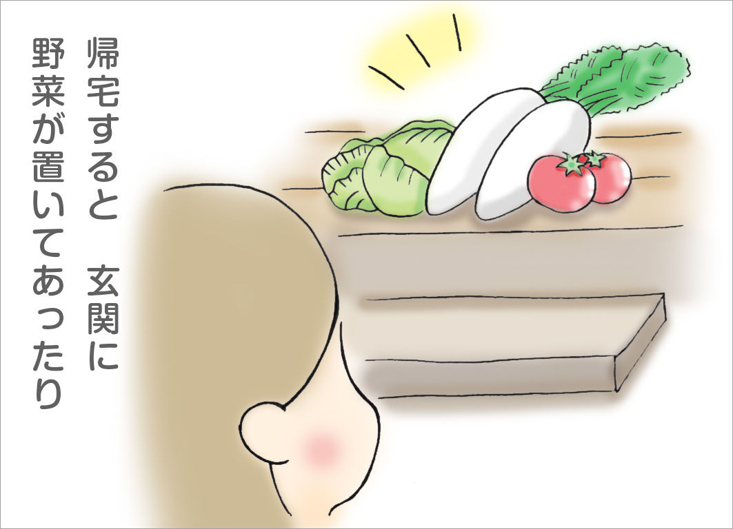 帰宅すると、玄関に野菜が置いてあったり