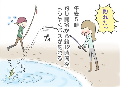 午後5時。釣り開始から約12時間後ようやくバスが釣れる