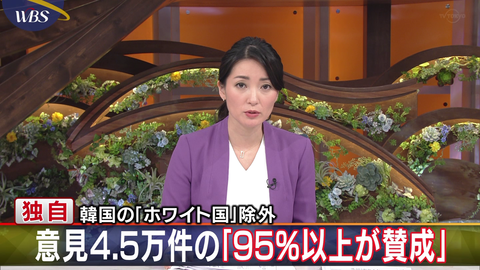 ワールドビジネスサテライト 韓国のホワイト国除外 アンケート結果で95パーセントの人間が賛成