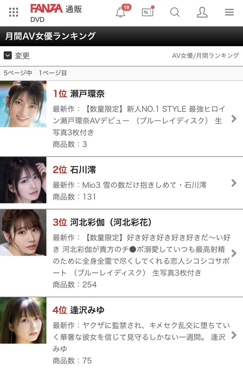 【AV女優ランキング】瀬戸環奈が石川澪と河北彩伽をぶち抜きました