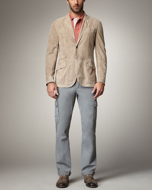 Brunello-Cucinelli-Suede-Blazer-Pique-Knit-Polo-Cargo-Pants
