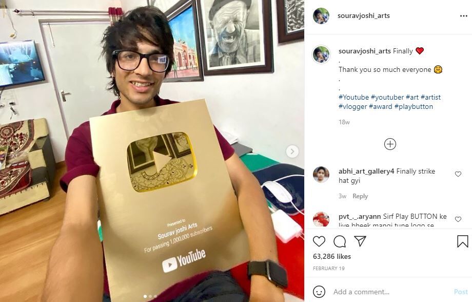 Sourav Joshi earned Golden YouTube Play Button for 1 million subscribers