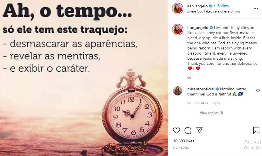 Iran Angelo`s post with a cryptic message