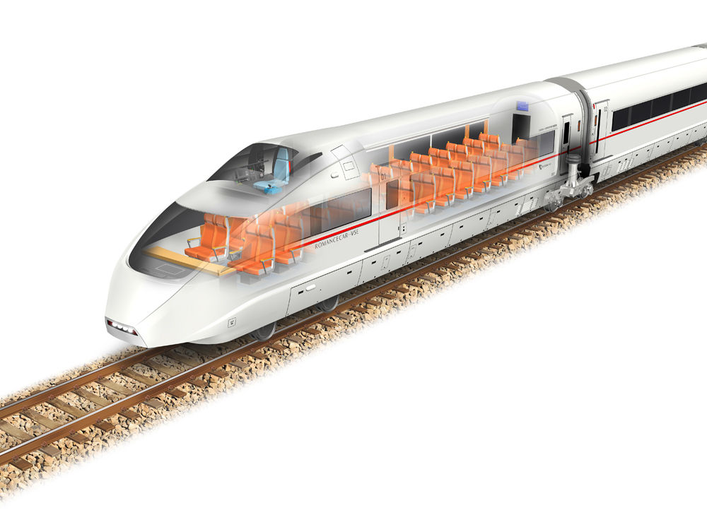 電車の中間 小田急線 ロマンスカー Vse 50000形 のしくみを説明 透視図イラスト