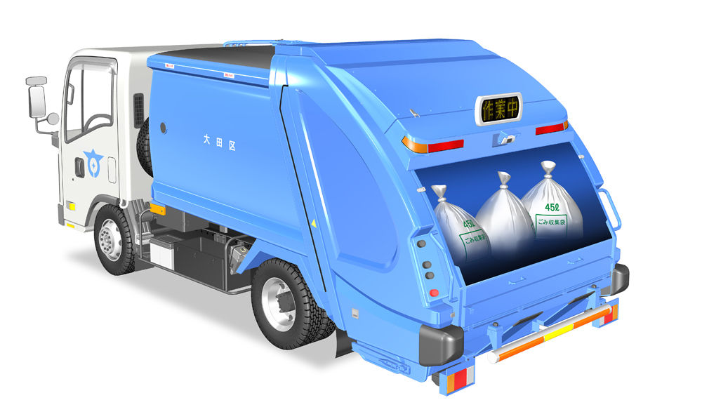 清掃車の中間 ゴミ収集車のしくみを説明 のりものの透視図イラスト