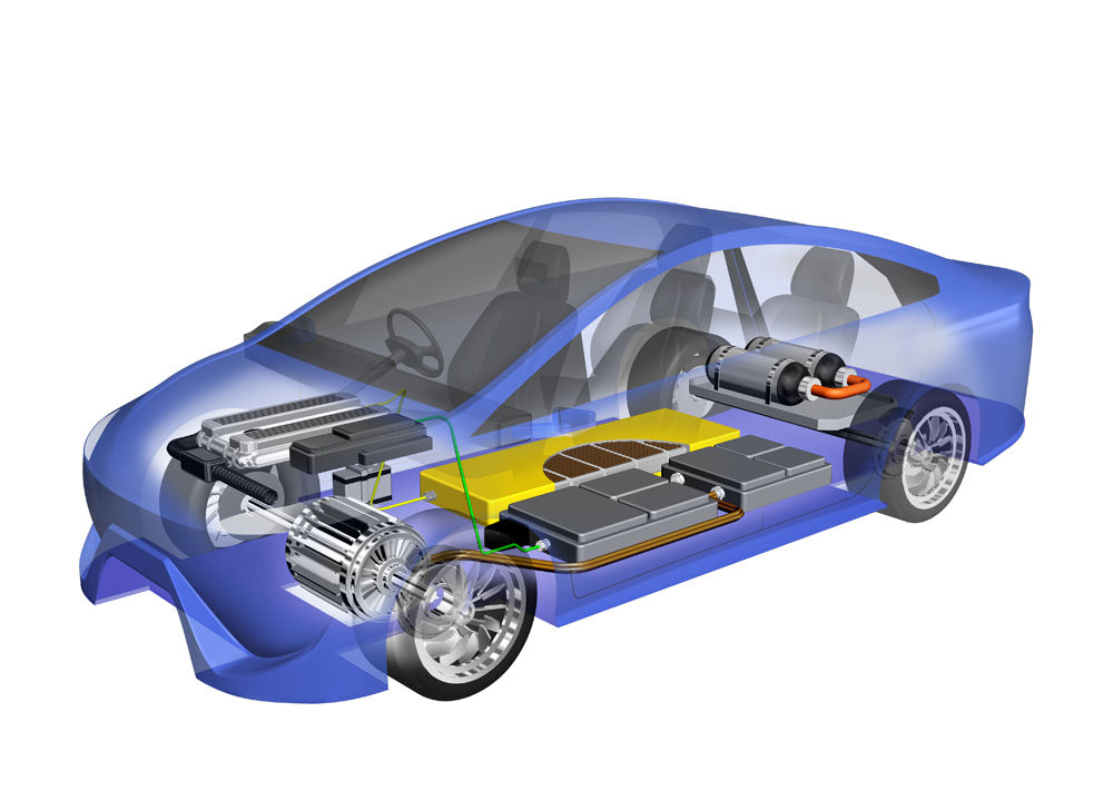 車の中間 電気自動車のしくみを説明 透視図イラスト