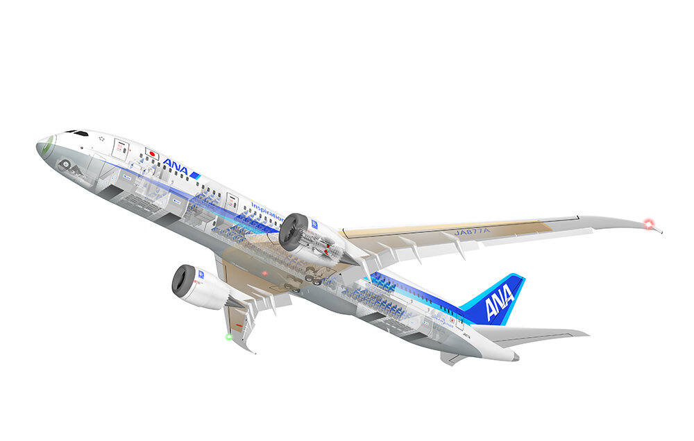 飛行機の中間 旅客機anaボーイング787 8のしくみを説明 のりものの透視図イラスト