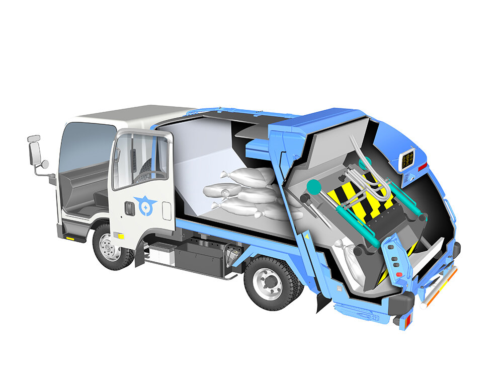 清掃車の中間 ゴミ収集車のしくみを説明 透視図イラスト