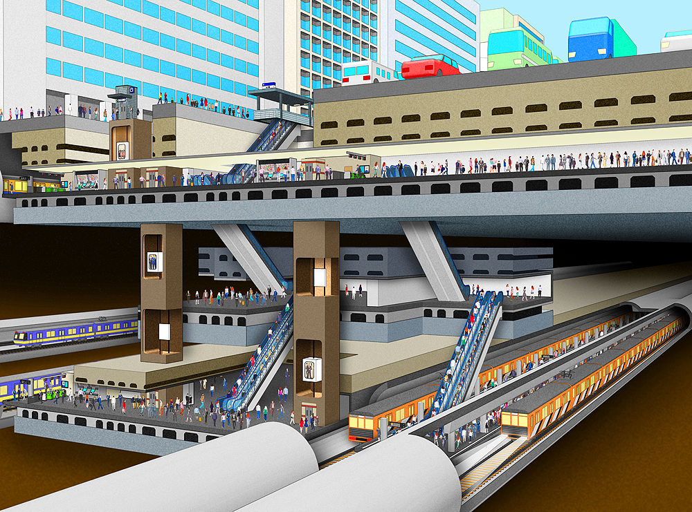 建物の中間 地下鉄のトンネルのしくみを説明2 透視図イラスト