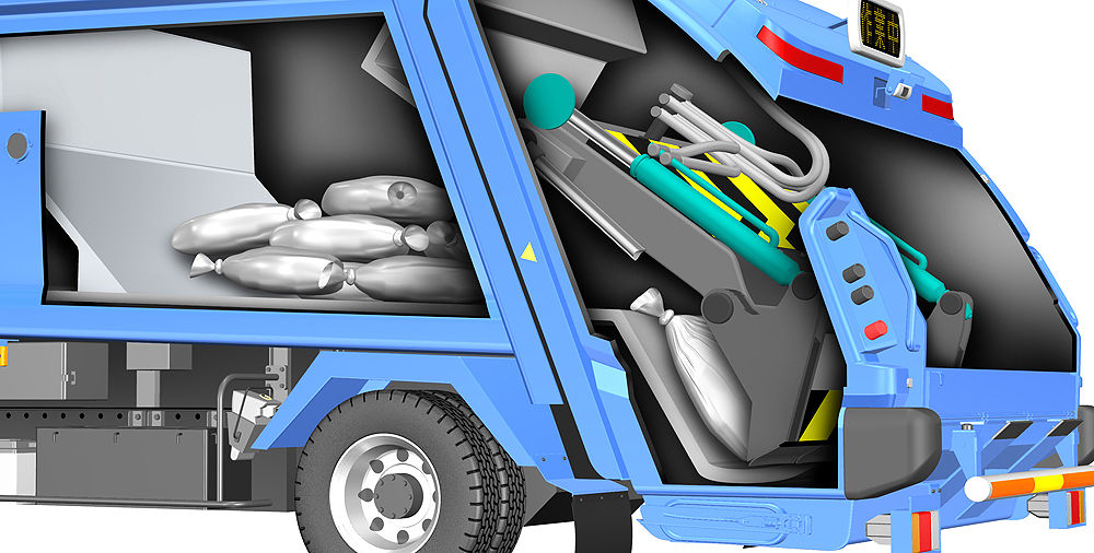 清掃車の中間 ゴミ収集車のしくみを説明 透視図イラスト