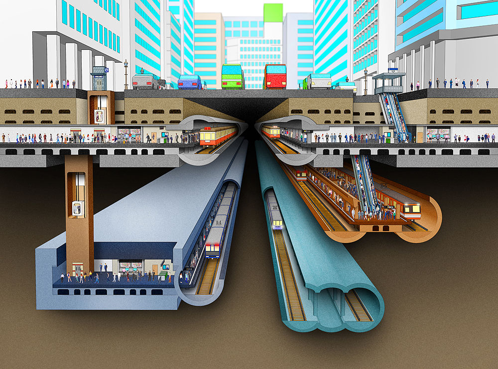 建物の中間 地下鉄のトンネルのしくみを説明2 透視図イラスト