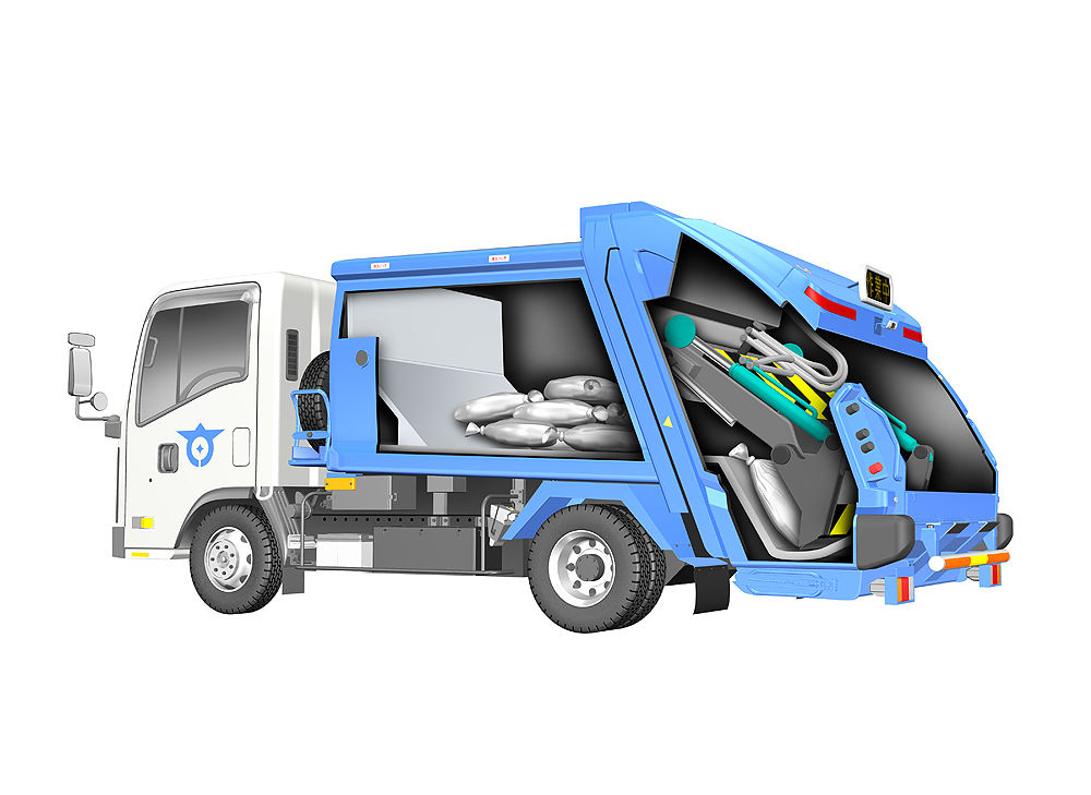 清掃車の中間 ゴミ収集車のしくみを説明 透視図イラスト