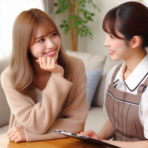 21歳の女性と30歳の家政婦が仲良く会話している風景