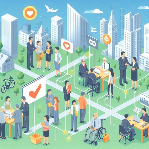 企業と市民が市民活動団体やボランティア団体が繋がっているイラスト