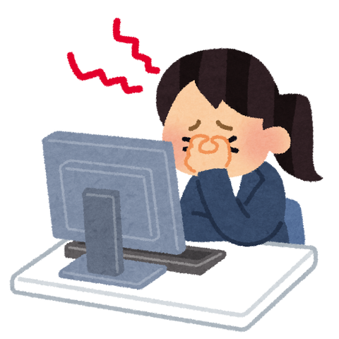 長時間のパソコン作業で目が疲れた人の絵