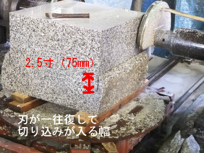 石材加工　石を切る工程石を切る　１往復で切れる幅