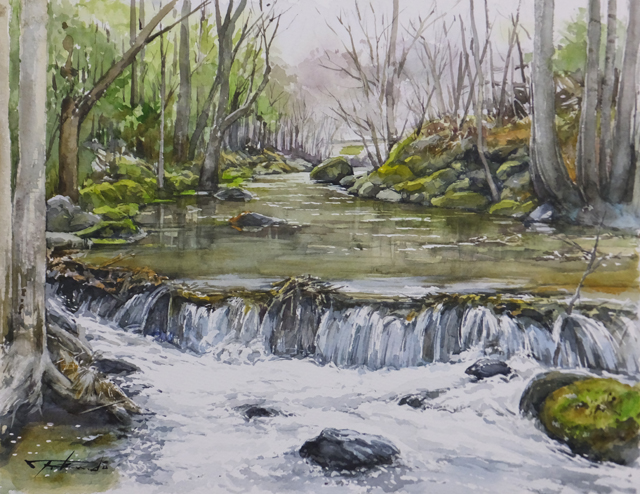 風景水彩画 「渓流の釣り」 原画
