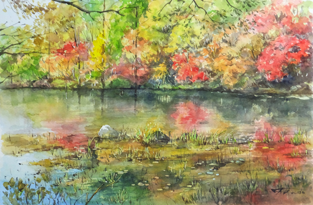 水彩画「相模川の紅葉」