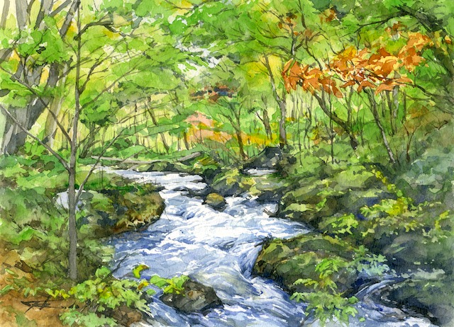 175＊錦秋の奥入瀬渓流　水彩画　原画　透明水彩画　F6 175＊錦秋の奥入瀬渓流 水彩画 原画 透明水彩画 F6