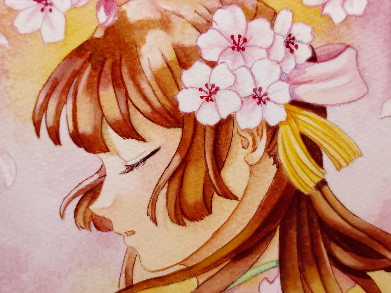 作品紹介】桜と和服の女の子 | 水彩イラスト : まったり描いたり作ったり