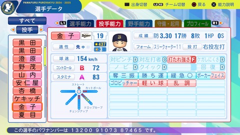 パワプロ2024-2025 サクセス作成選手 実在選手再現 金子千尋
