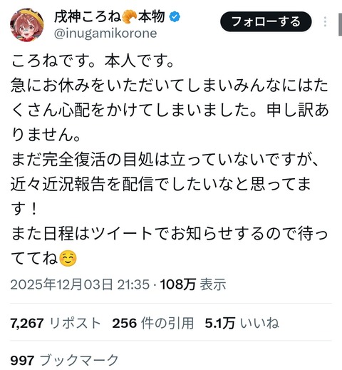 【画像】戌神ころねさん、近況報告!!!!!「ゆっくりお仕事中」
