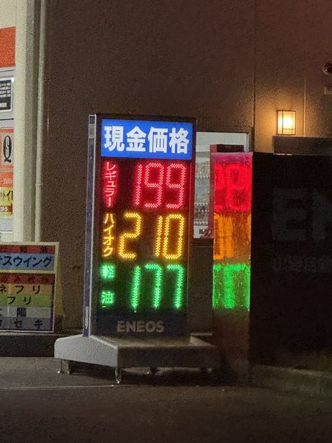 【高すぎ】ガソリン全国平均価格180円60銭　7週連続の値上がり　今後185円程度に値上がりへ