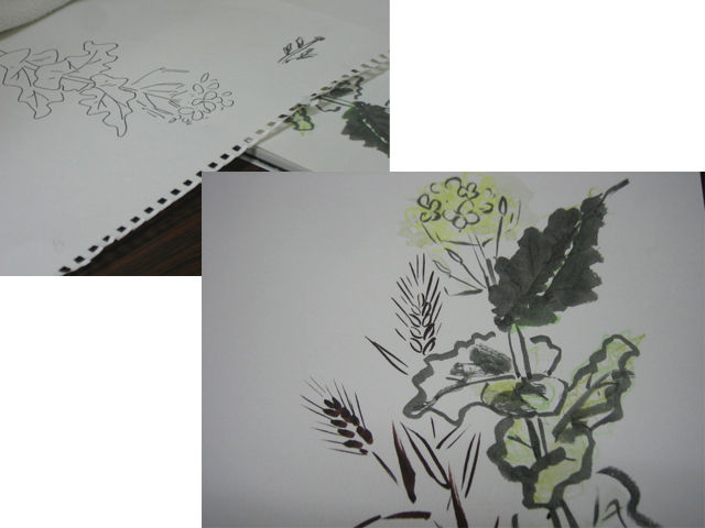 菜の花と麦を描く すみ色