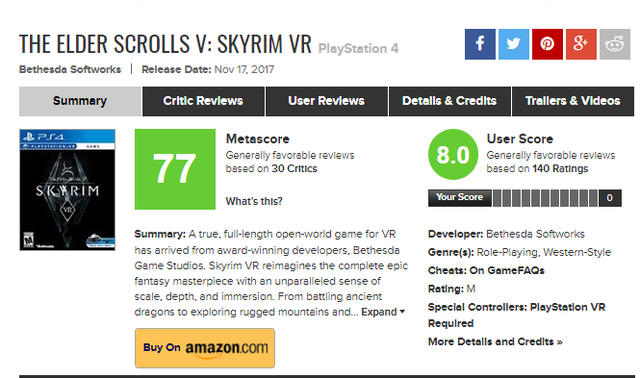 Psvr スカイリムvr のメタスコアは77点 バイオ7以来のオススメできるフルサイズのvrゲーム 改めて新鮮にスカイリムの世界に没入できる ゲハしゃきっ