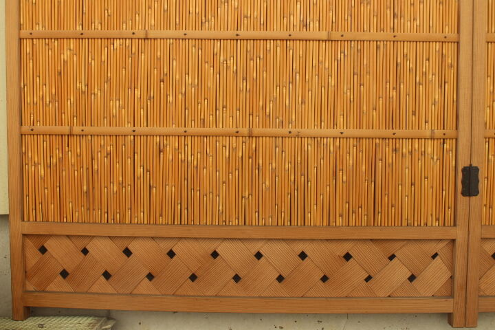 ★骨董品　木製 透かし 折りたたみ式 屏風 1 古民具 □葦戸屏風【網代編み】付き□折り畳み式87×165cm花屏風□よし2