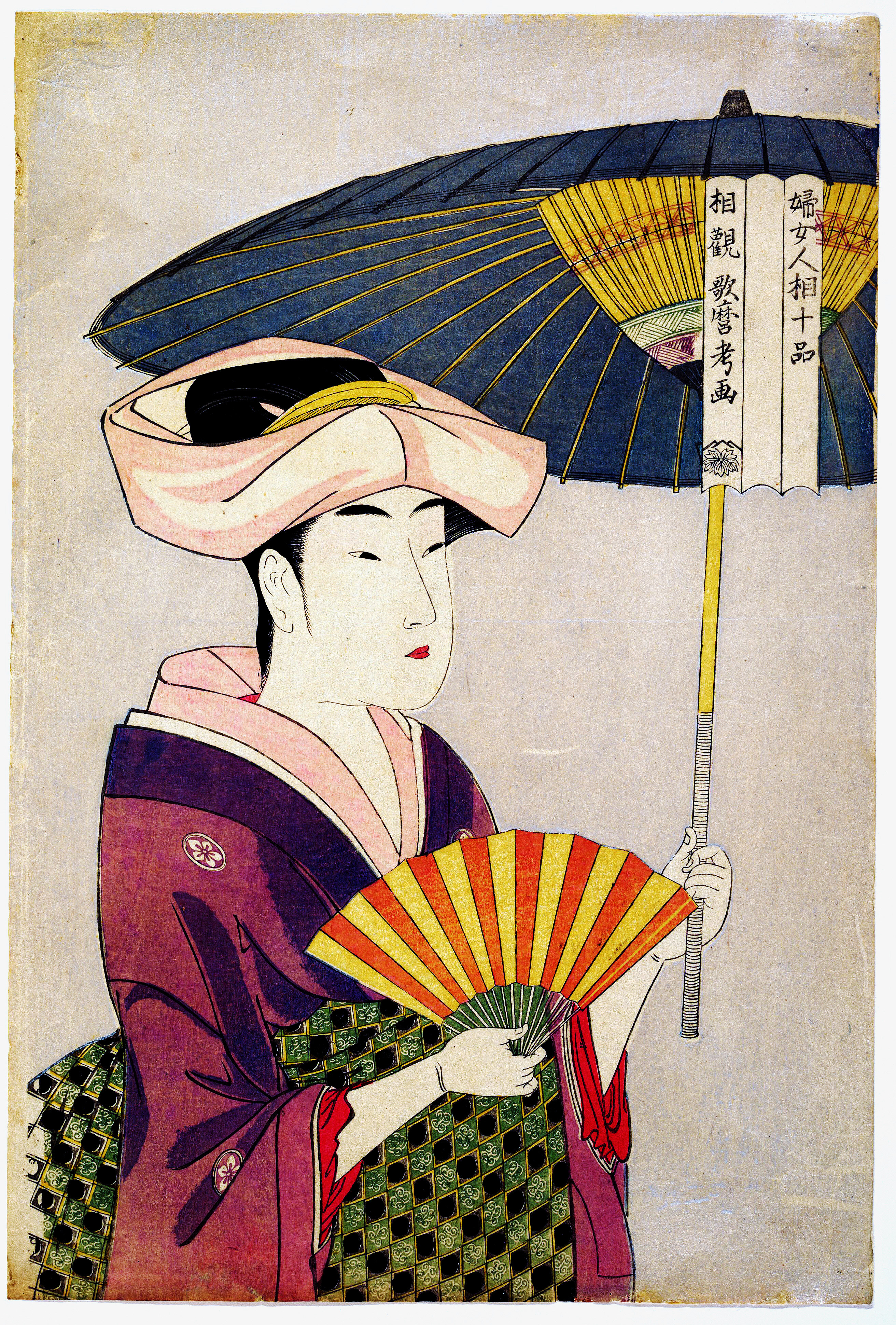 昭和レトロ　婦人人相十品　歌麿考画　織物　 　６４ｃｍ×７２ｃｍの額入 昭和レトロ 婦人人相十品 歌麿考画 織物 64cm×72cmの額