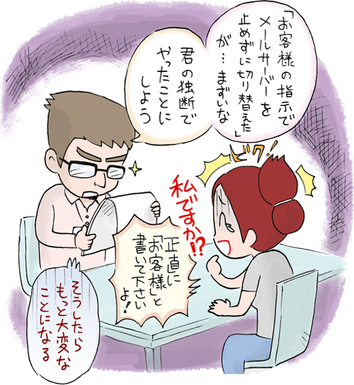 ミスを自分のせいにさせられて悲しむSE(システムエンジニア) イラスト:ミスを自分のせいにさせられて悲しむSE(システムエンジニア)- Copyright (C) viva-se.net システムエンジニアの仕事