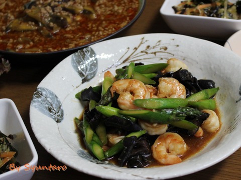 海老とアスパラのオイスターソース炒め