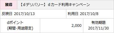 【dデリバリー】dカード利用キャンペーン 【dデリバリー】dカード利用キャンペーン 2017/10/13 2,000ポイント 有効期限 2017/11/30