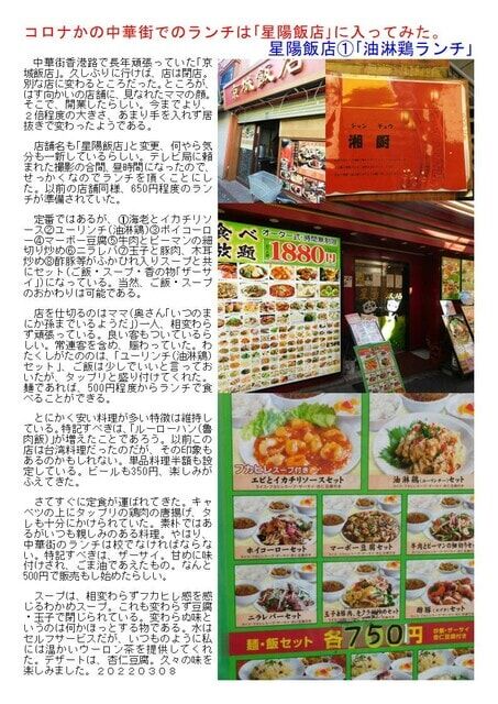 中華街での食事・宴会113　コロナかの中華街でのランチは｢星陽飯店｣に入ってみた。星陽飯店①｢油淋鶏ランチ｣　