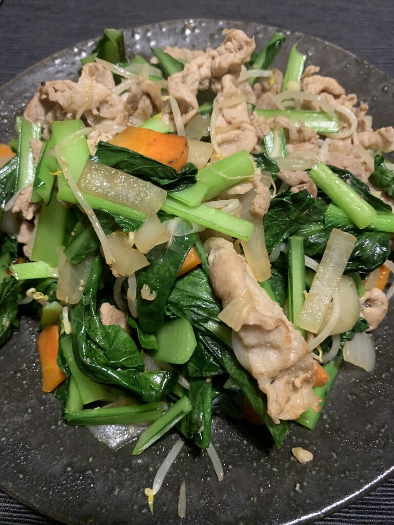 小松菜ひと束入りの肉野菜炒め 野菜をたっぷりととろう 食べて旅して 音楽と本 旅ゴコロ 食べゴコロ 旅心 食べ心